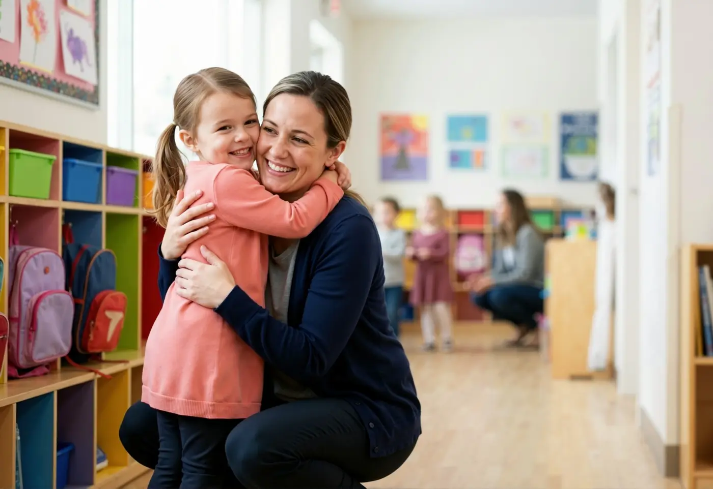 An educator hugging a smiling child at morning drop-off in a bright early learning room