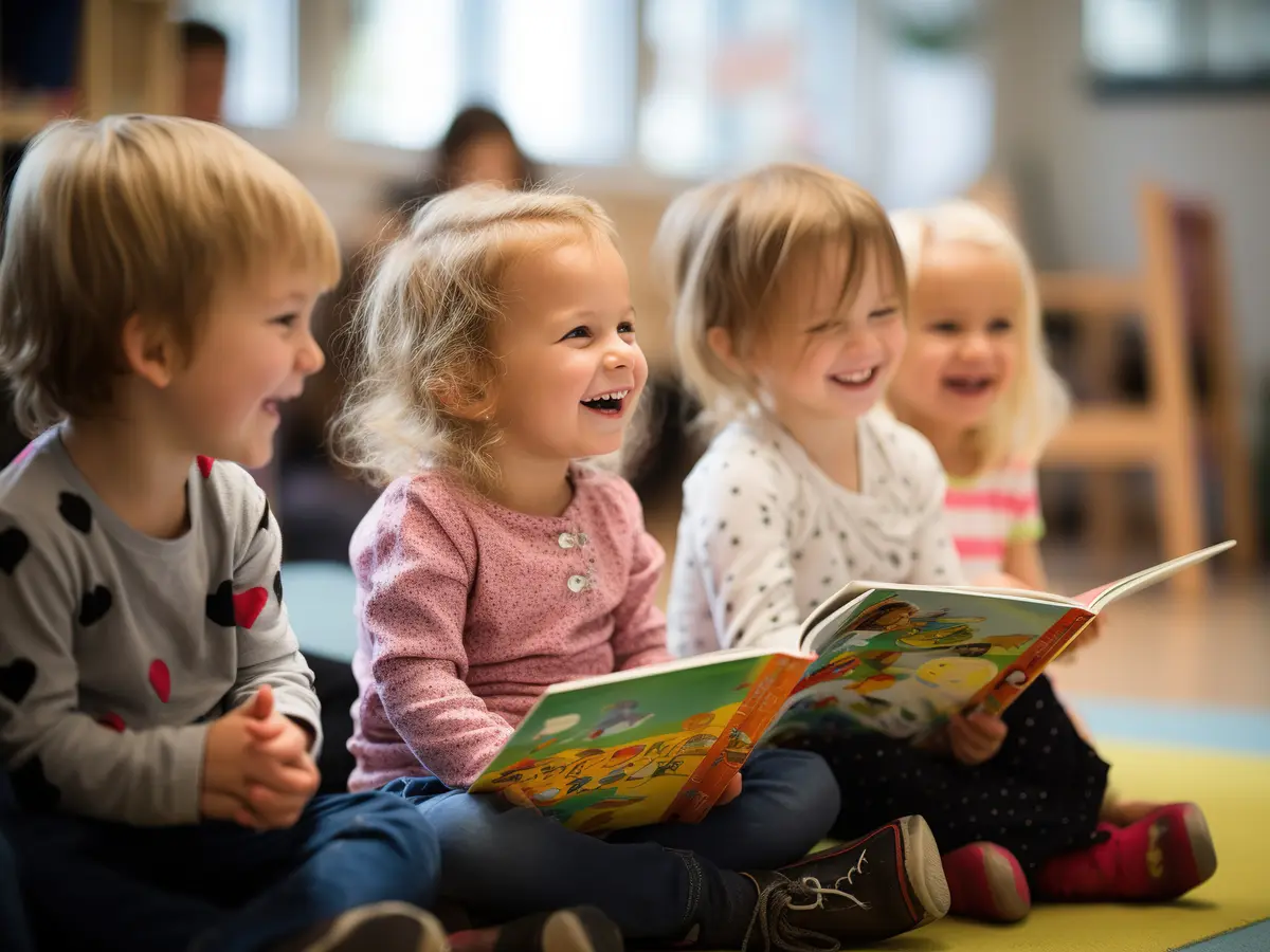 Young children laughing together over a picture book at story time
