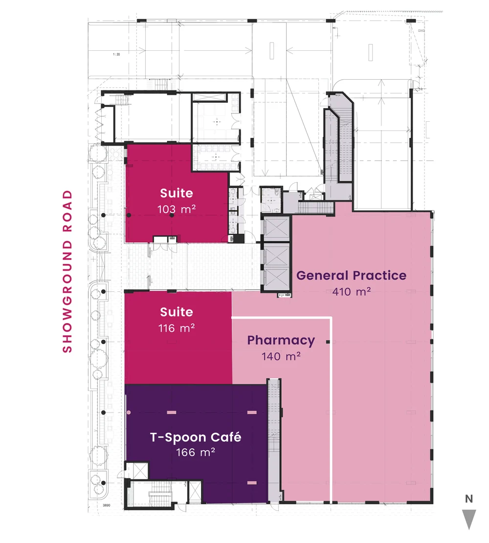 Ground Floor floor plan: 103 m² and 116 m² available. T-Spoon Cafe leased. General practice and pharmacy under offer