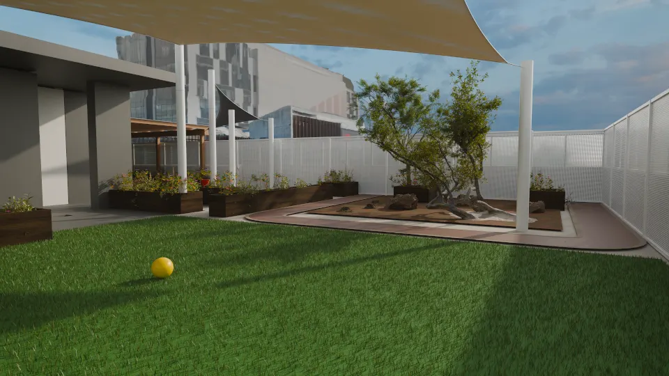 Render of the east rooftop play space: open turf with a ball, shade sails on white posts, timber garden beds and a nature-play area with logs beneath a tree, inside a white perforated screen