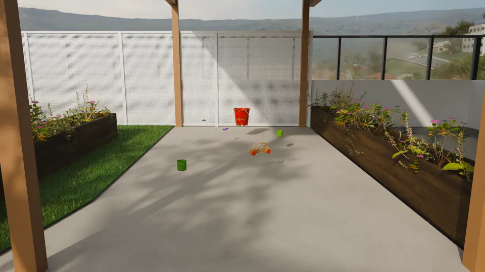 Render of the rooftop sandpit: raked sand with a toy digger and bucket inside a timber edge, flowering garden beds either side and a white perforated screen behind