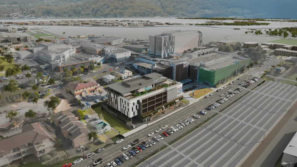 High aerial render of Gosford Health Hub and Gosford Hospital, with the town and Gosford Golf Course beyond and the hills behind