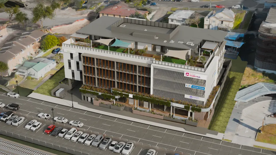Aerial render of Gosford Health Hub on Showground Road with the rooftop play spaces, parked cars and surrounding homes