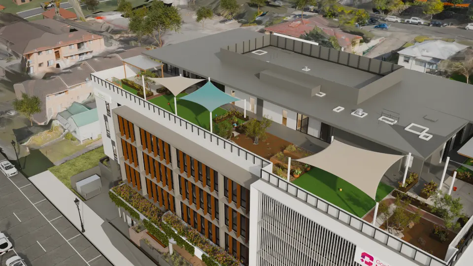 Aerial render of the Level 4 early learning rooftop with shade sails, turf and garden beds