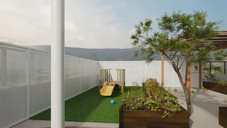 Render of the rooftop play area: a low timber play frame with a yellow slide on synthetic turf inside a white perforated screen, a flowering planter bed and a tree in front