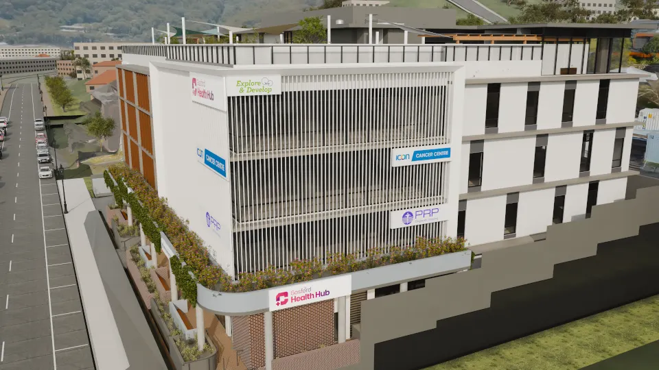 Elevated render of the north-east corner with Gosford Health Hub, Explore & Develop, Icon Cancer Centre and PRP Diagnostic Imaging signs on the white fin façade above a planted podium