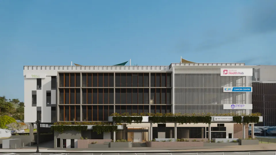 Render of the full south elevation with timber-toned screens, white fins and planted canopy