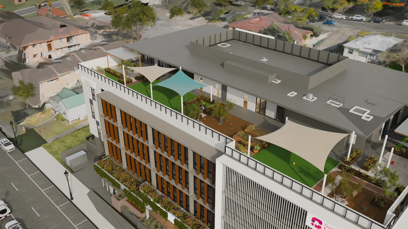 Aerial render of the Level 4 early learning centre and its shaded rooftop play areas