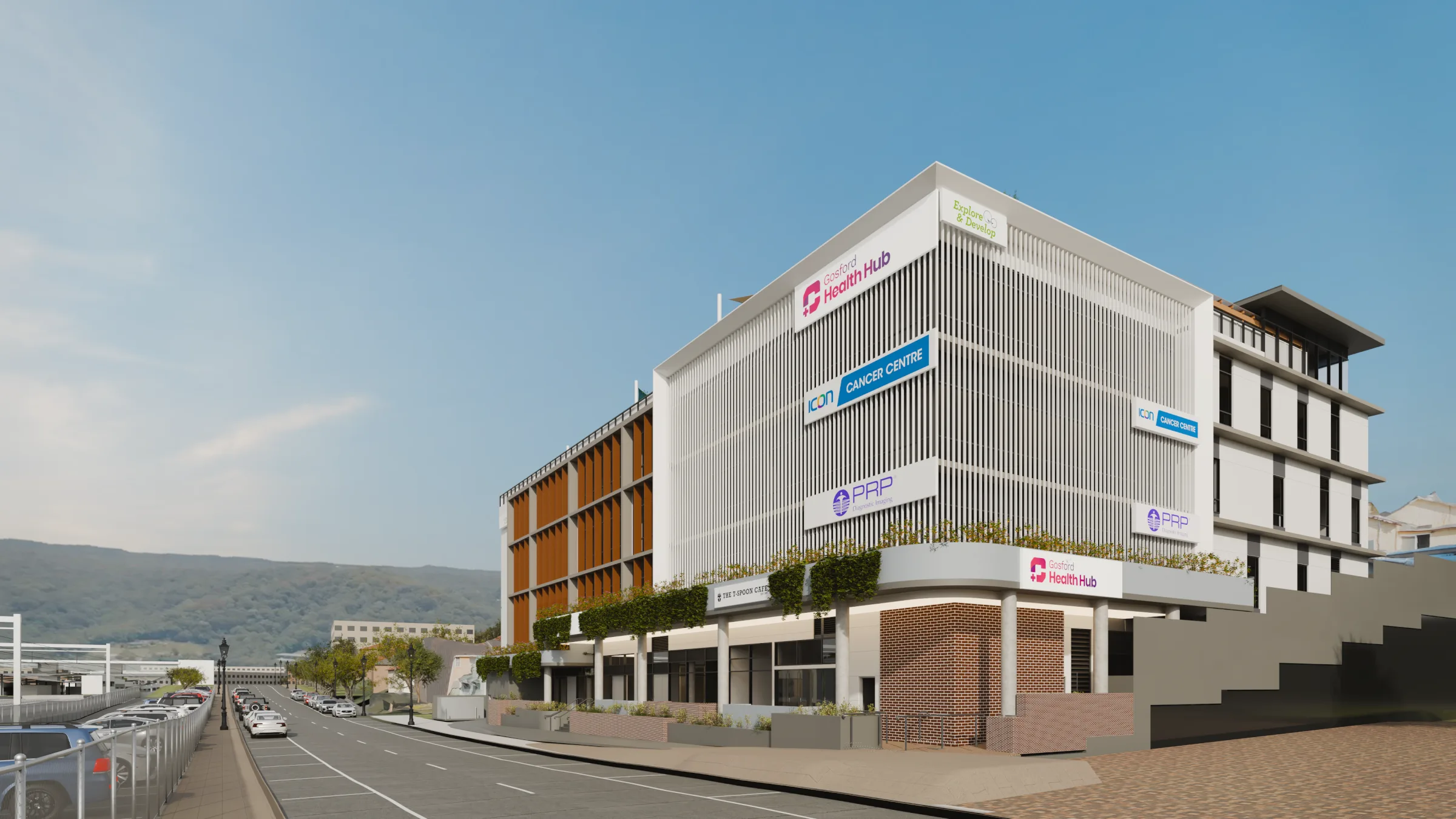 Daylight render of Gosford Health Hub on Showground Road: five storeys with Gosford Health Hub, Explore & Develop, Icon Cancer Centre and PRP signage, a planted podium and brick base