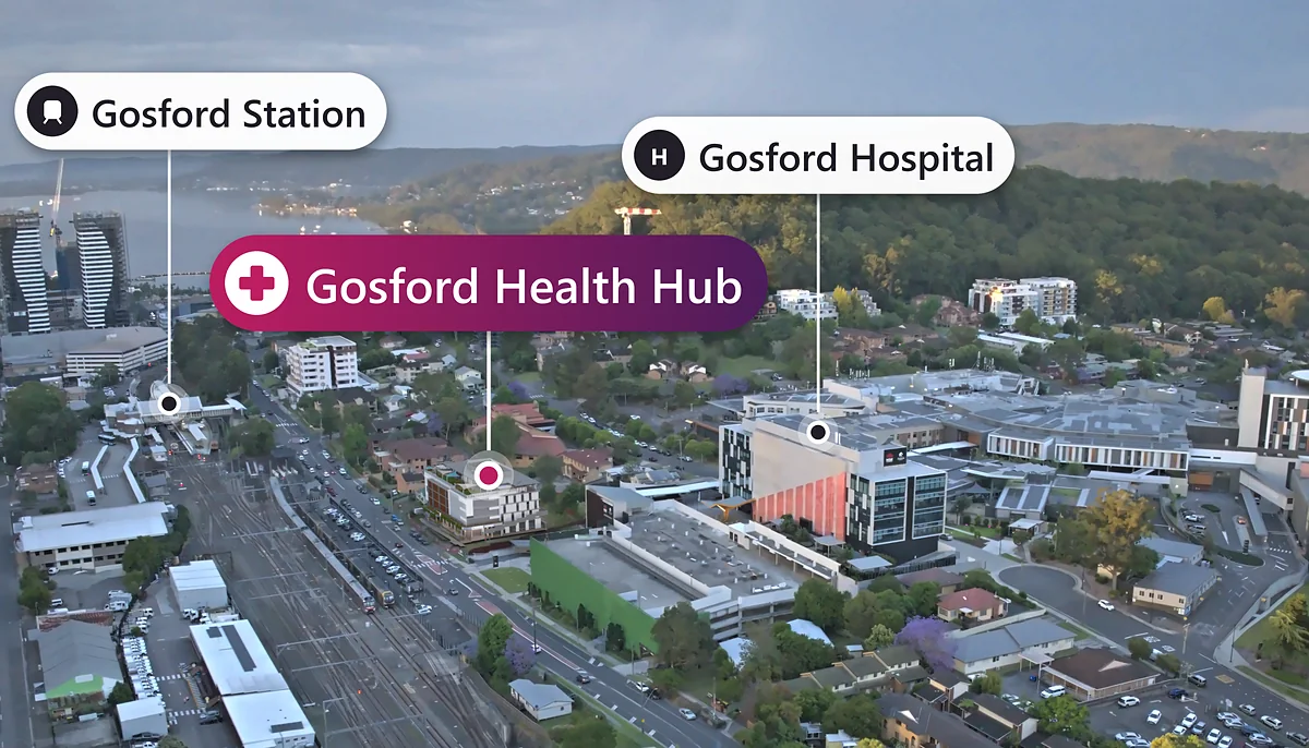 Aerial view with Gosford Health Hub between Gosford Train Station and Gosford Hospital