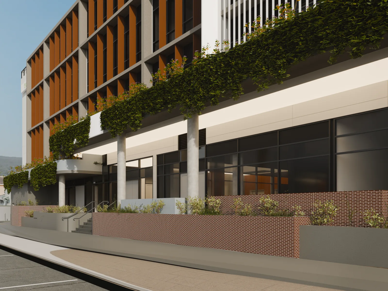 Render of Gosford Health Hub’s entrance: timber-toned screens, cascading podium planting and a colonnade over the glazed lobby