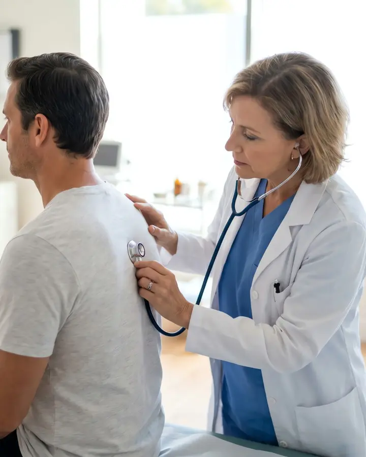 A doctor listening to a patient’s chest with a stethoscope in a bright consulting room